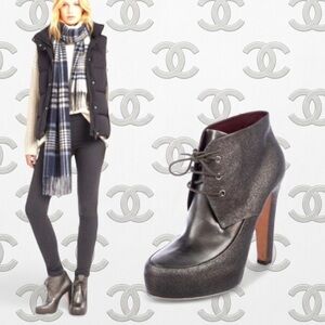 Authentic Chanel luxury designer Gunmetal
metallic textured leather boots sz 9